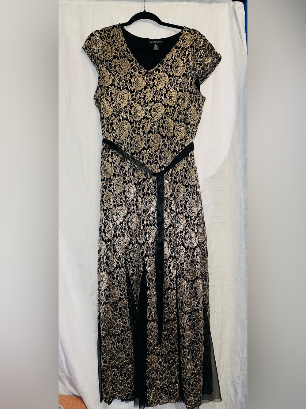 Candalite Petite Gold Metallic Floral Lace Cap Sleeve Maxi Dress Gown PL